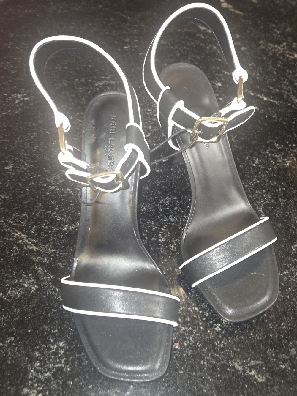 Karl Lagerfeld Black Heels with White Trim and Gold Buckles